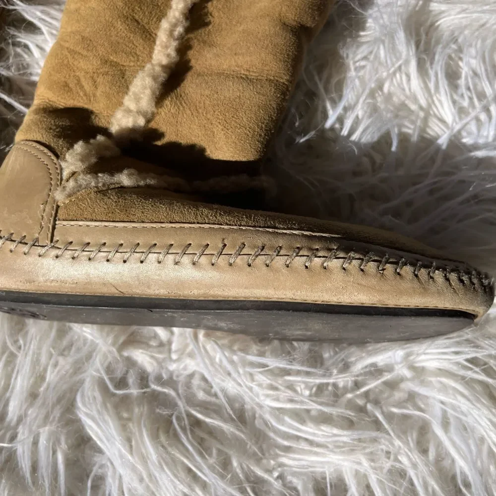 Tory Burch Camel Leather Suede Shearling Tall Reva Moccasin Boots
